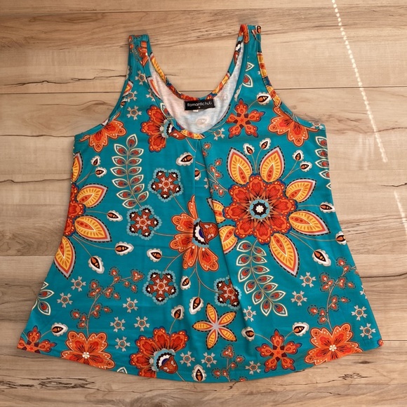 NWOT Romantic Hut Womens M Floral Fun Tank Top. Turquoise and Orange. - Picture 7 of 11